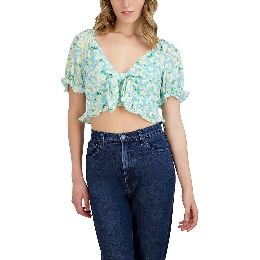 BCBG Generation Daisy Crop Blouse Sz L Retro Floral Ruffled Short Sleeves Casual